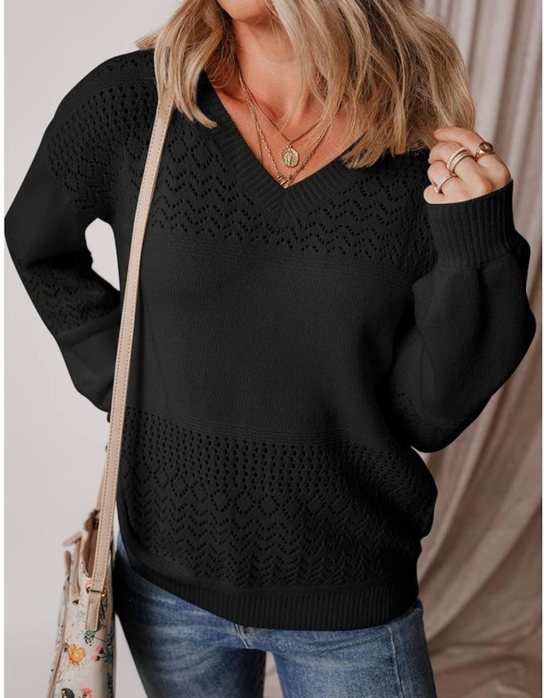 Black Eyelet Pattern Detail V Neck Drop Shoulder Sweater
