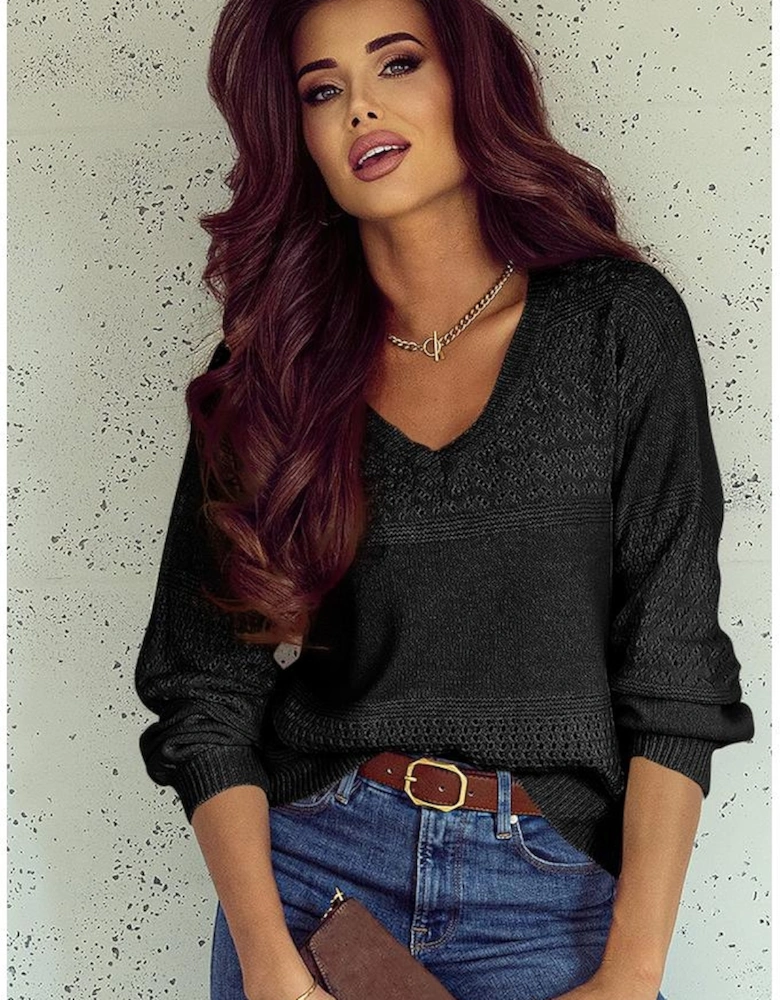 Black Eyelet Pattern Detail V Neck Drop Shoulder Sweater
