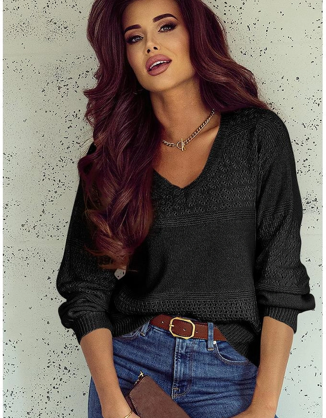 Black Eyelet Pattern Detail V Neck Drop Shoulder Sweater