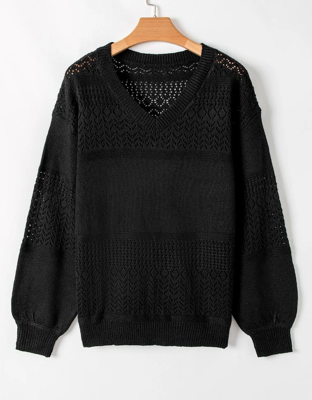 Black Eyelet Pattern Detail V Neck Drop Shoulder Sweater