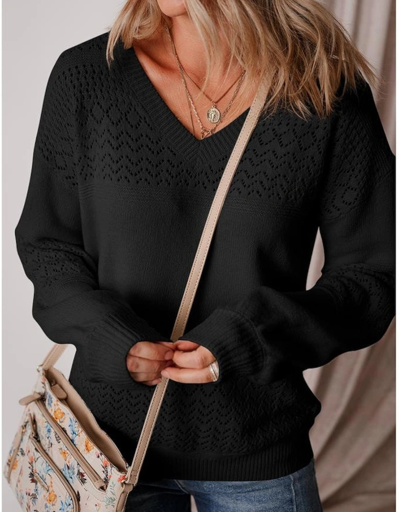 Black Eyelet Pattern Detail V Neck Drop Shoulder Sweater