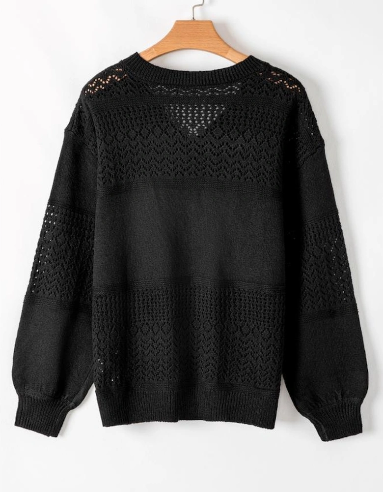 Black Eyelet Pattern Detail V Neck Drop Shoulder Sweater