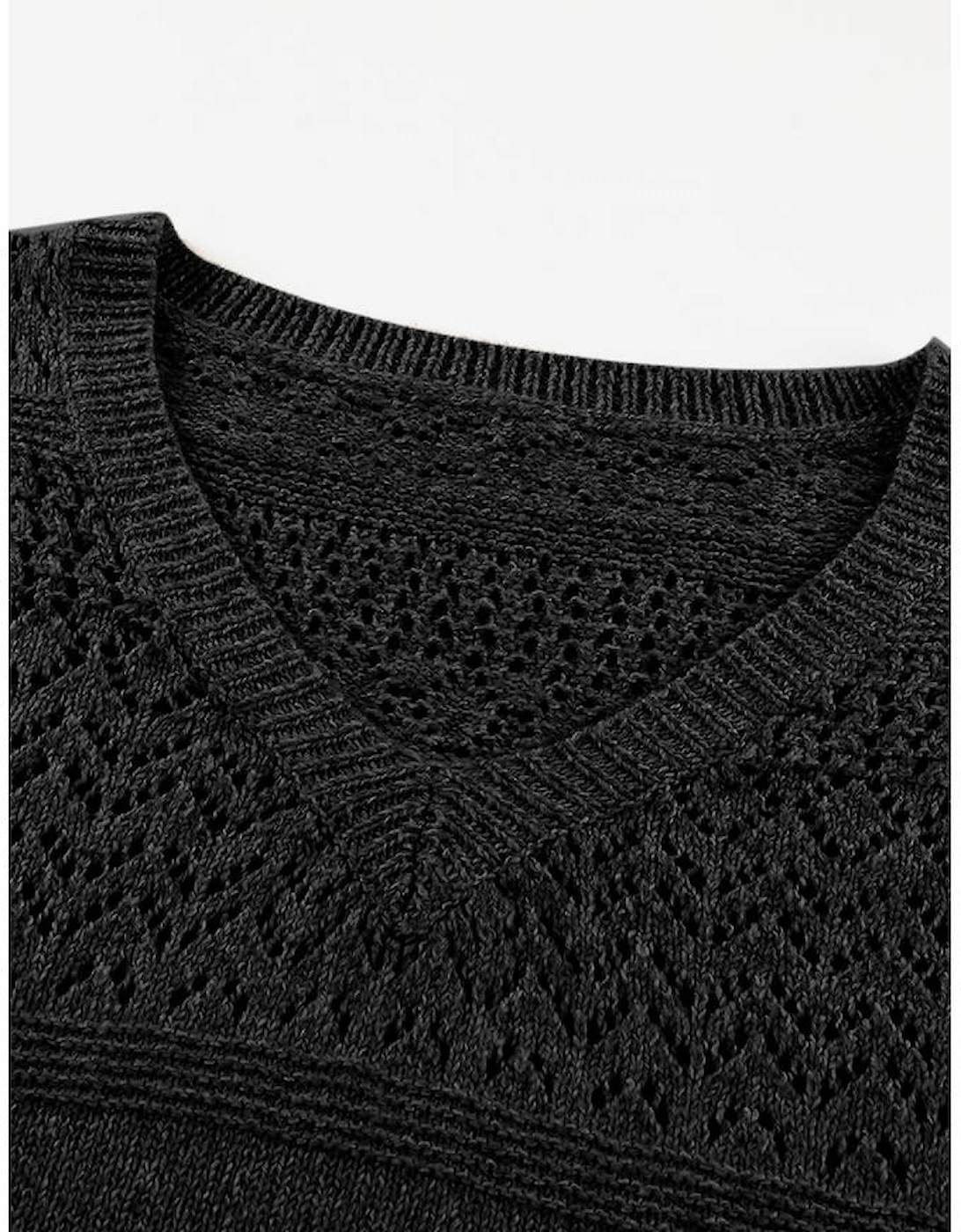 Black Eyelet Pattern Detail V Neck Drop Shoulder Sweater