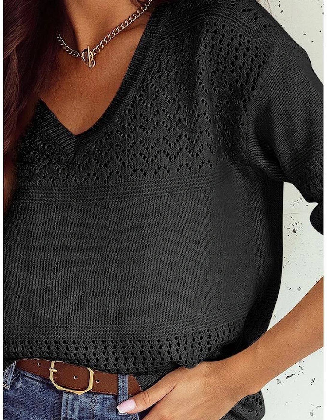 Black Eyelet Pattern Detail V Neck Drop Shoulder Sweater