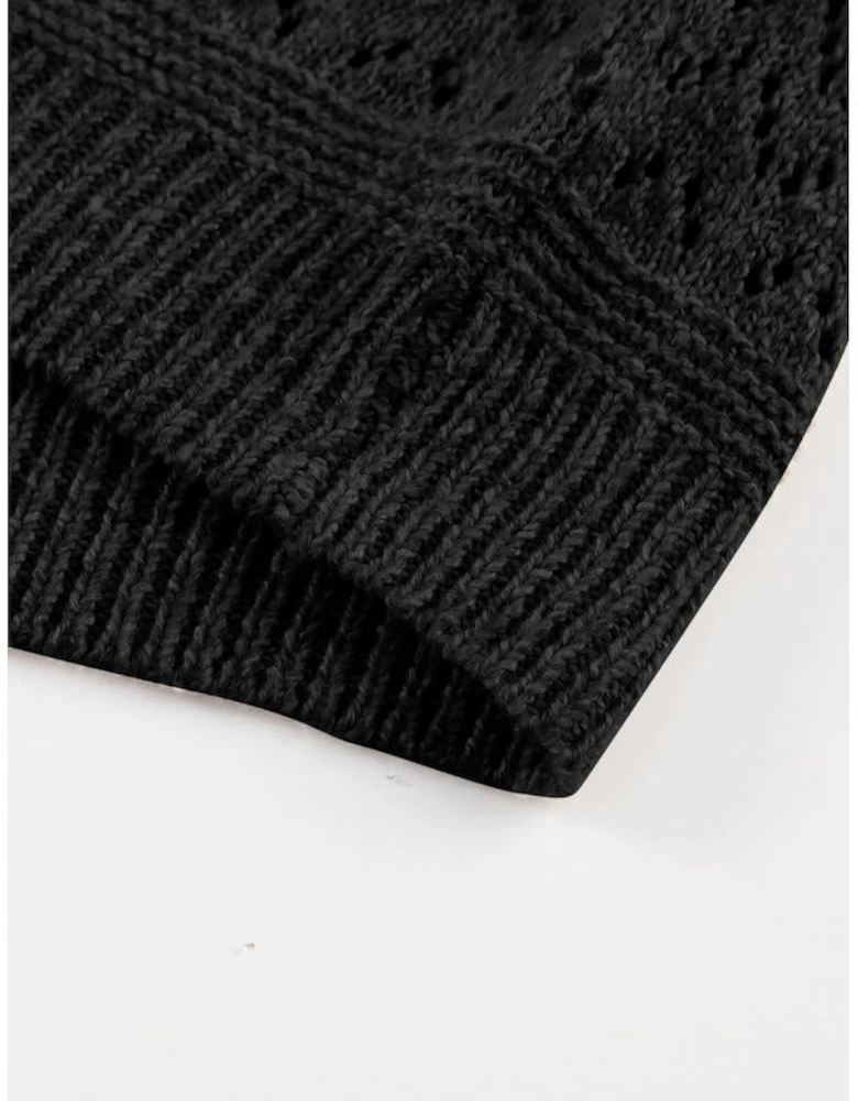 Black Eyelet Pattern Detail V Neck Drop Shoulder Sweater