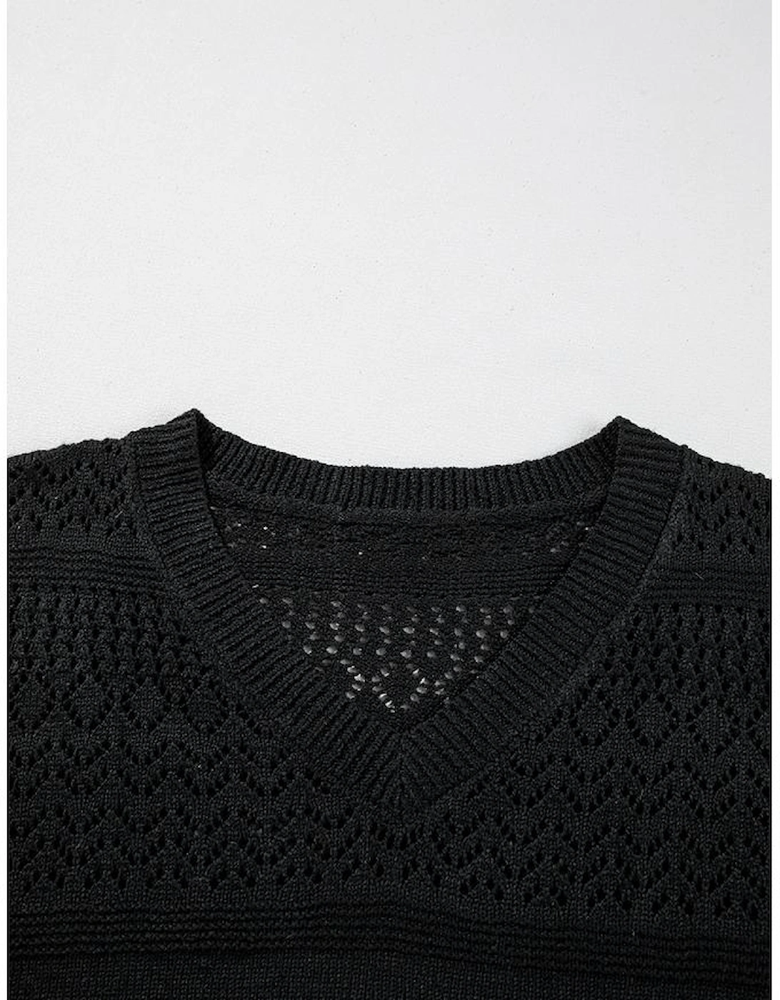 Black Eyelet Pattern Detail V Neck Drop Shoulder Sweater