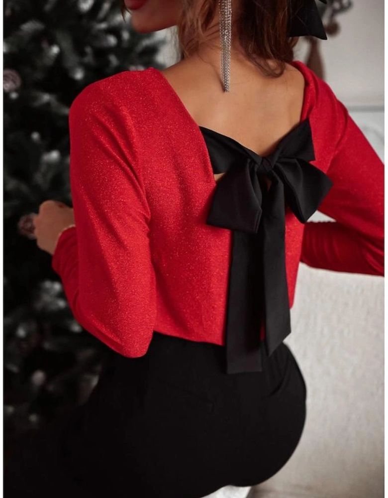 Racing Red Metallic Bowknot Open Back V Neck Top