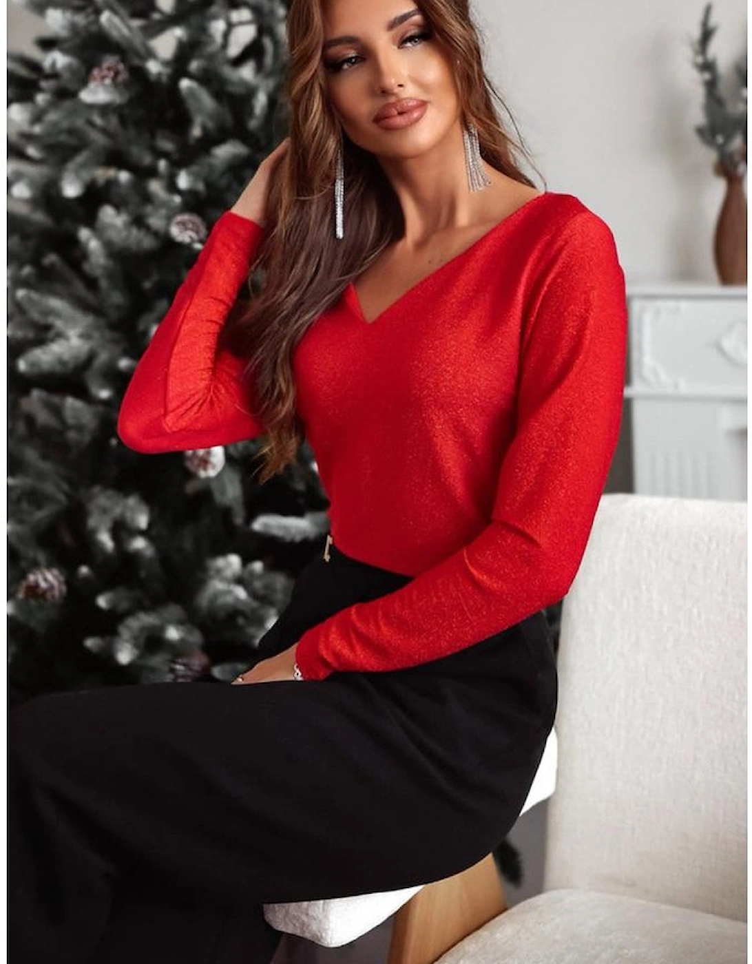 Racing Red Metallic Bowknot Open Back V Neck Top