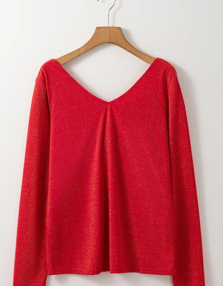 Racing Red Metallic Bowknot Open Back V Neck Top