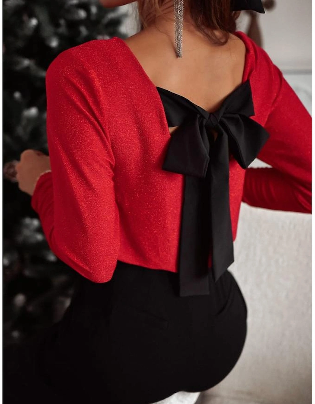 Racing Red Metallic Bowknot Open Back V Neck Top