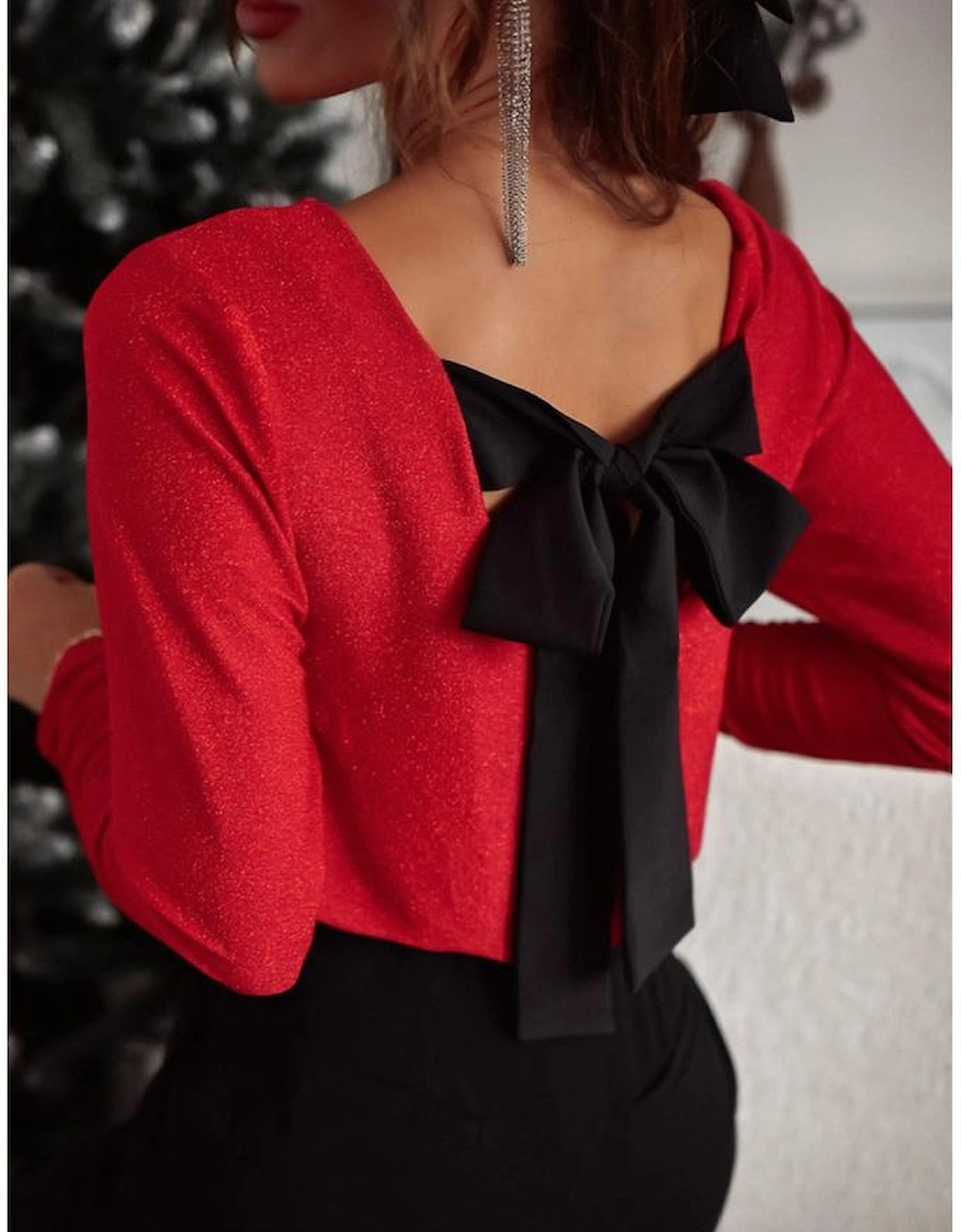 Racing Red Metallic Bowknot Open Back V Neck Top