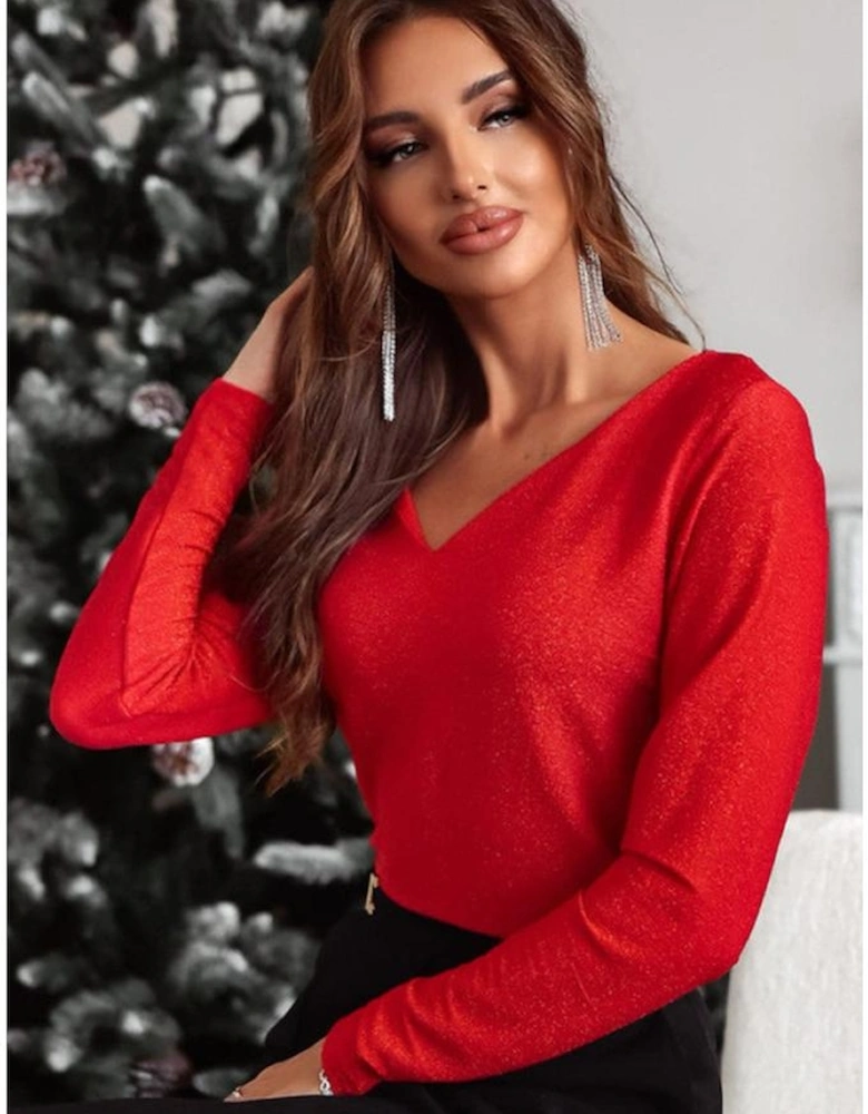Racing Red Metallic Bowknot Open Back V Neck Top