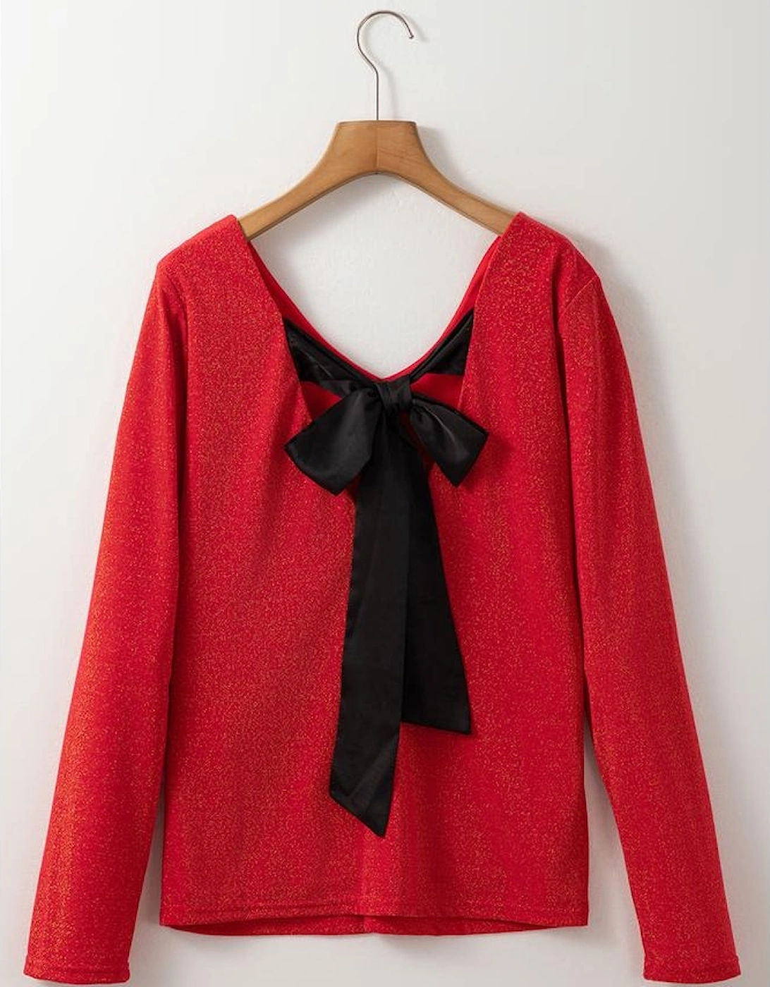 Racing Red Metallic Bowknot Open Back V Neck Top