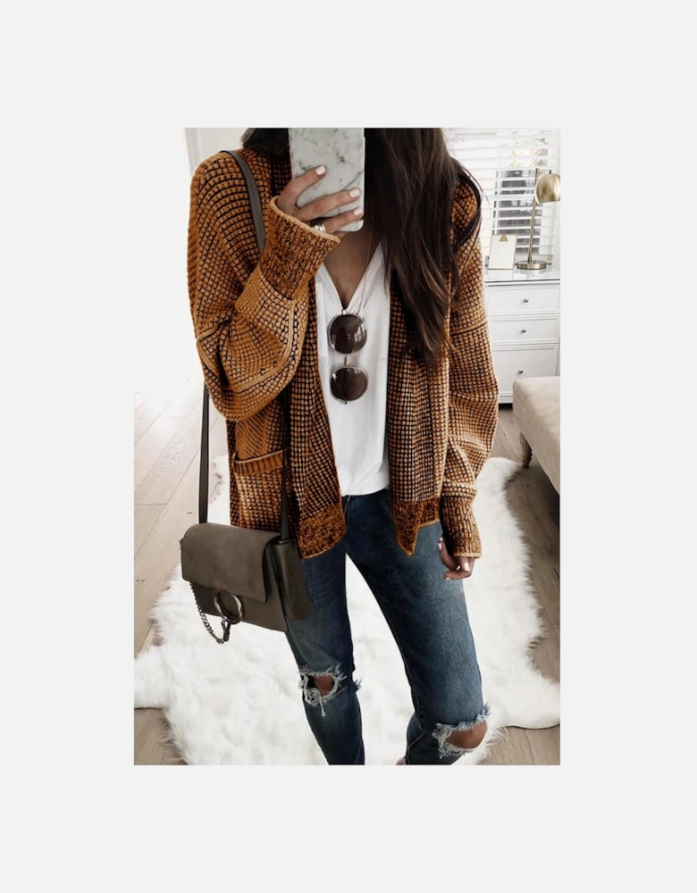 Brown Chunky Waffle Knit Oversized Collar Cardigan