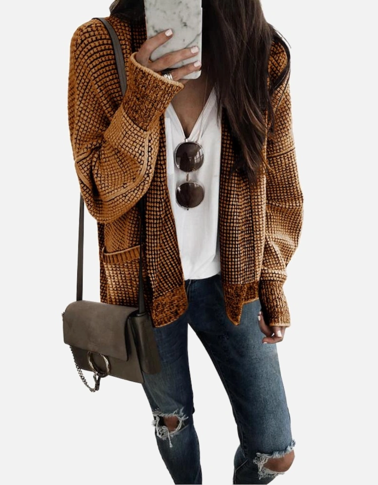 Brown Chunky Waffle Knit Oversized Collar Cardigan