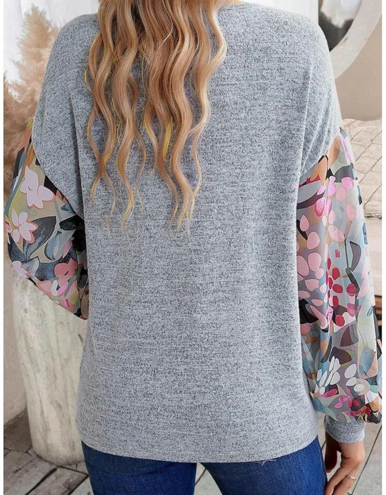 Gray Floral Lantern Sleeve Patchwork Buttoned V Neck Top