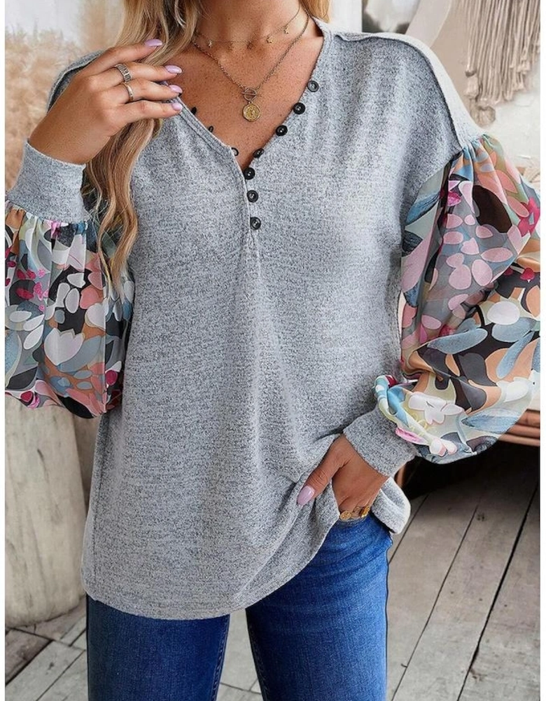 Gray Floral Lantern Sleeve Patchwork Buttoned V Neck Top
