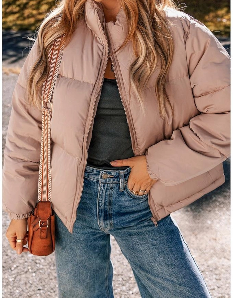 Apricot Pink Full Zipper Quilted Puffer Jacket