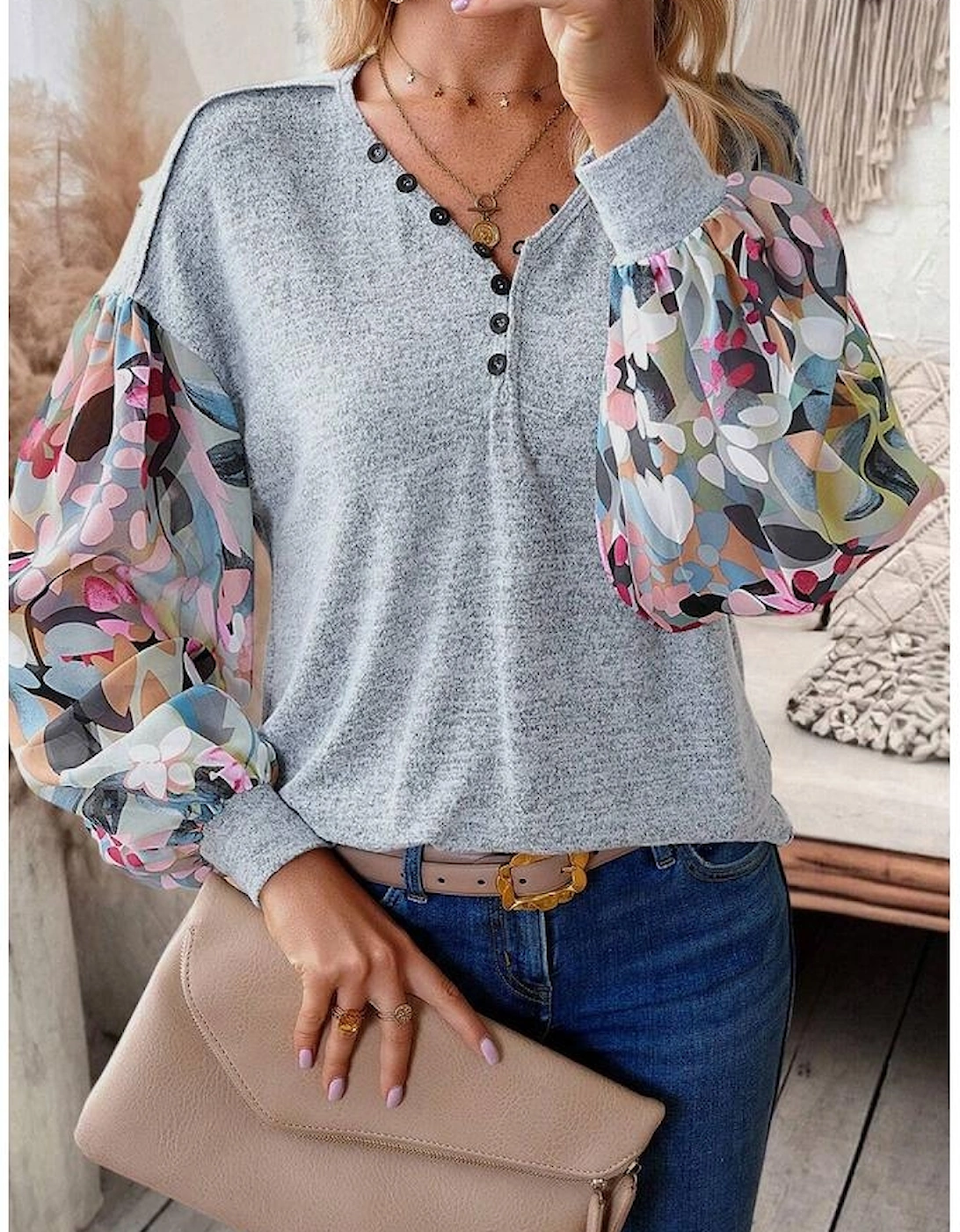 Gray Floral Lantern Sleeve Patchwork Buttoned V Neck Top, 6 of 5