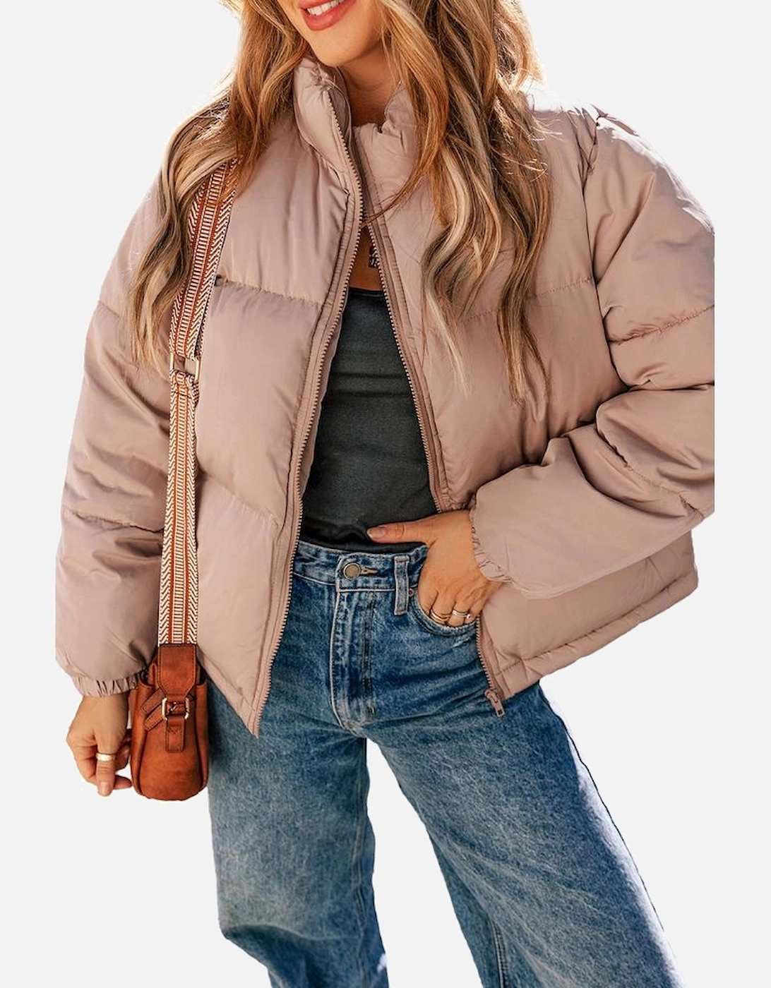 Apricot Pink Full Zipper Quilted Puffer Jacket