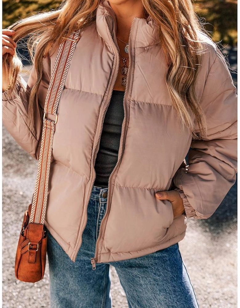 Apricot Pink Full Zipper Quilted Puffer Jacket