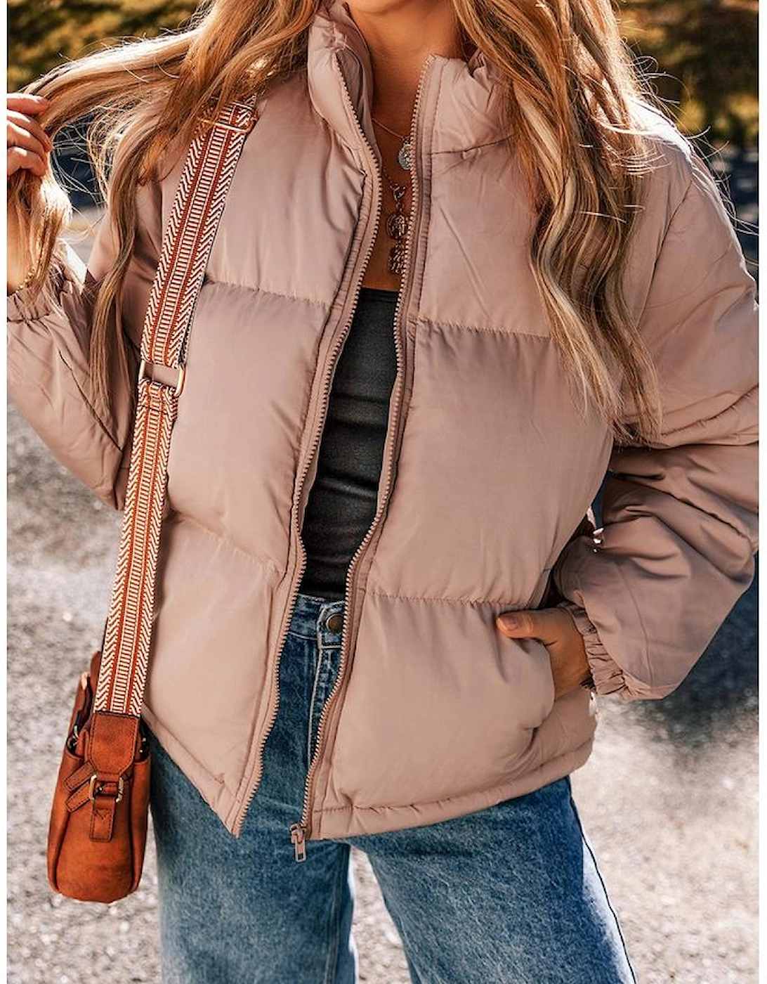 Apricot Pink Full Zipper Quilted Puffer Jacket