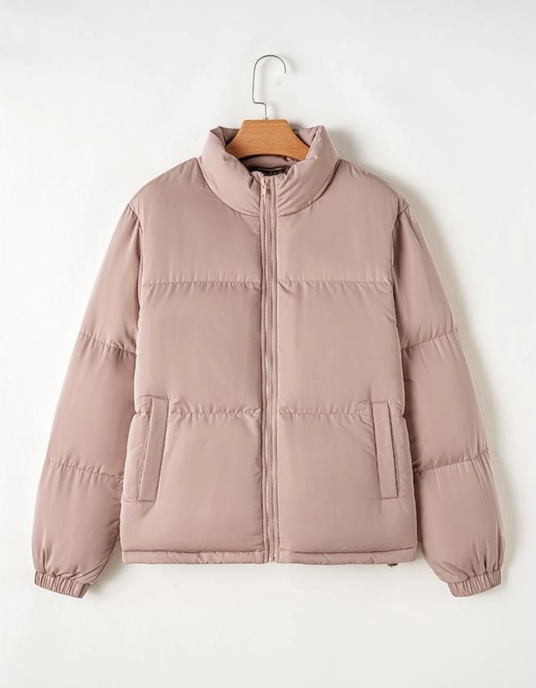 Apricot Pink Full Zipper Quilted Puffer Jacket
