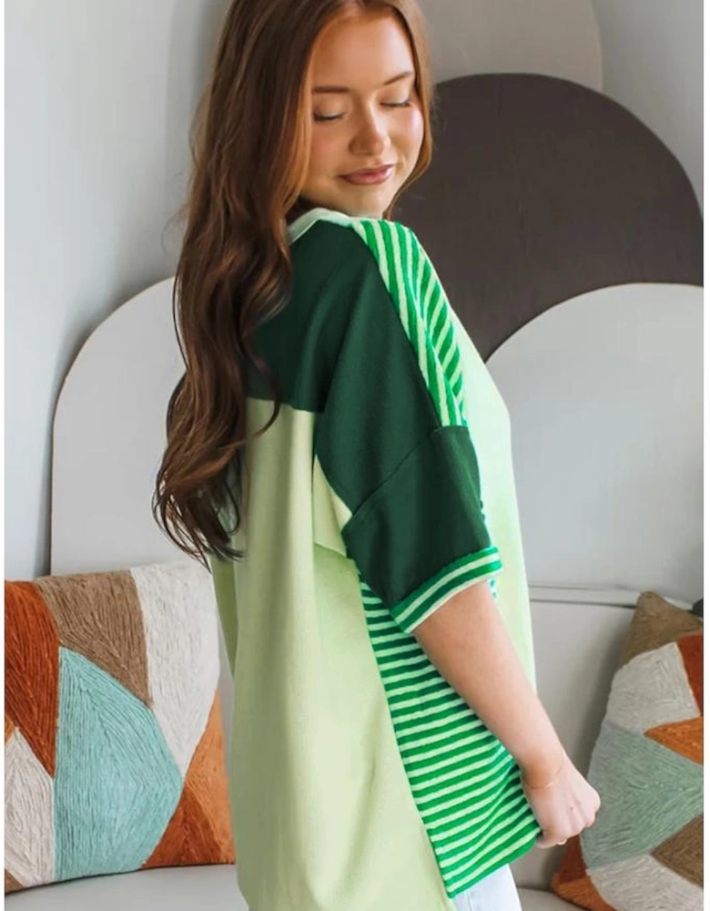 Mint Green Striped Patchwork Textured Colorblock 3/4 Sleeve Knit Top