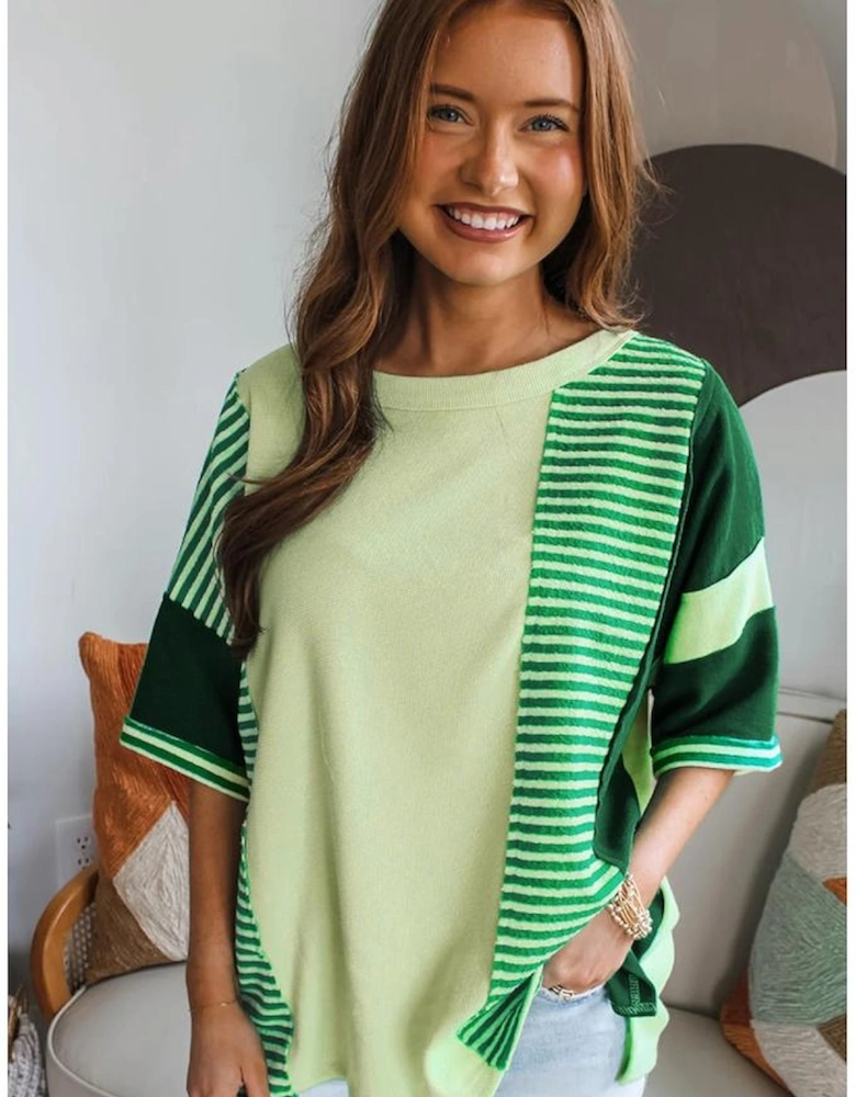 Mint Green Striped Patchwork Textured Colorblock 3/4 Sleeve Knit Top
