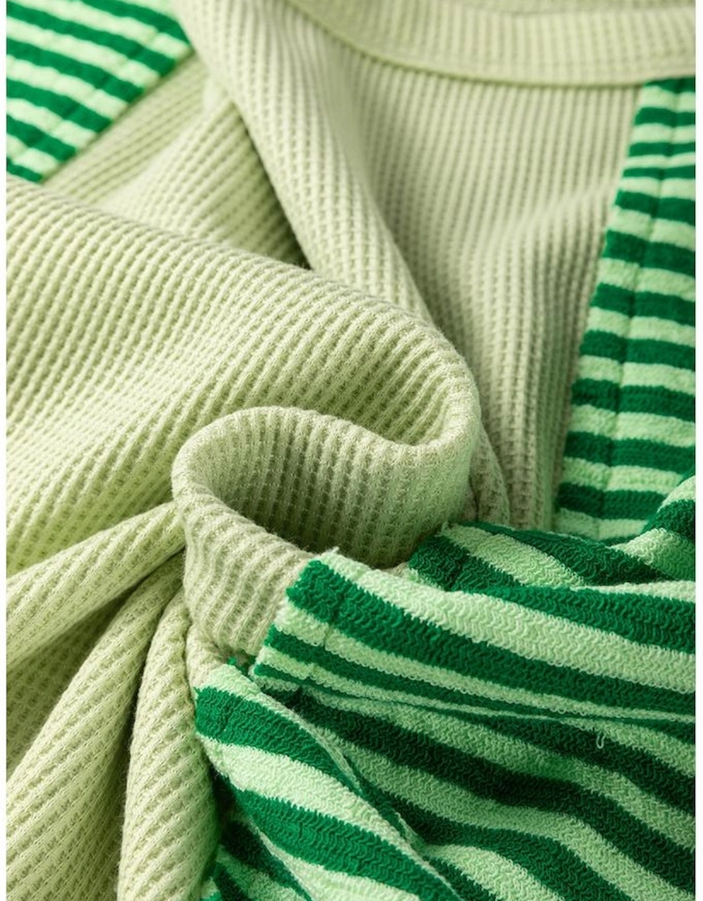 Mint Green Striped Patchwork Textured Colorblock 3/4 Sleeve Knit Top