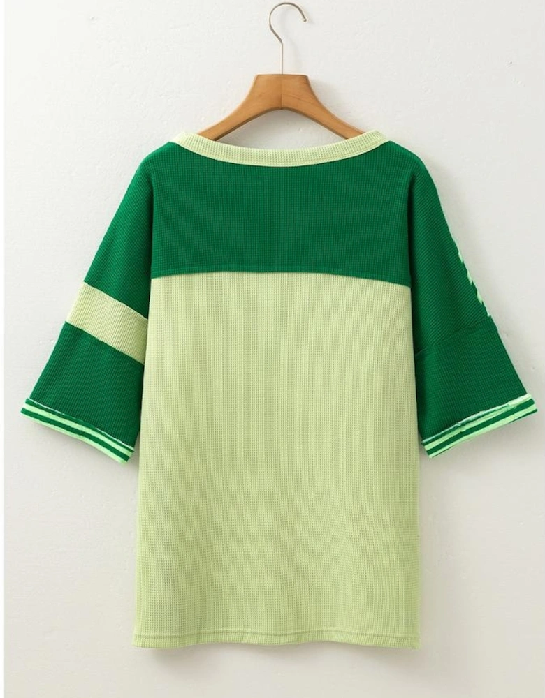 Mint Green Striped Patchwork Textured Colorblock 3/4 Sleeve Knit Top