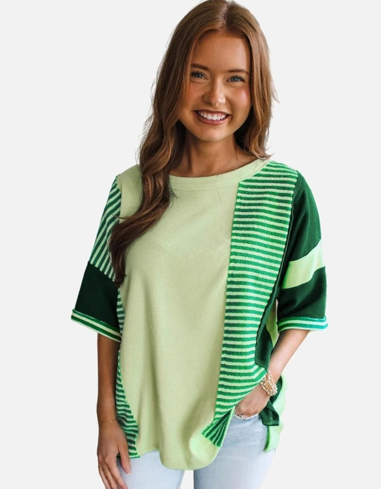 Mint Green Striped Patchwork Textured Colorblock 3/4 Sleeve Knit Top