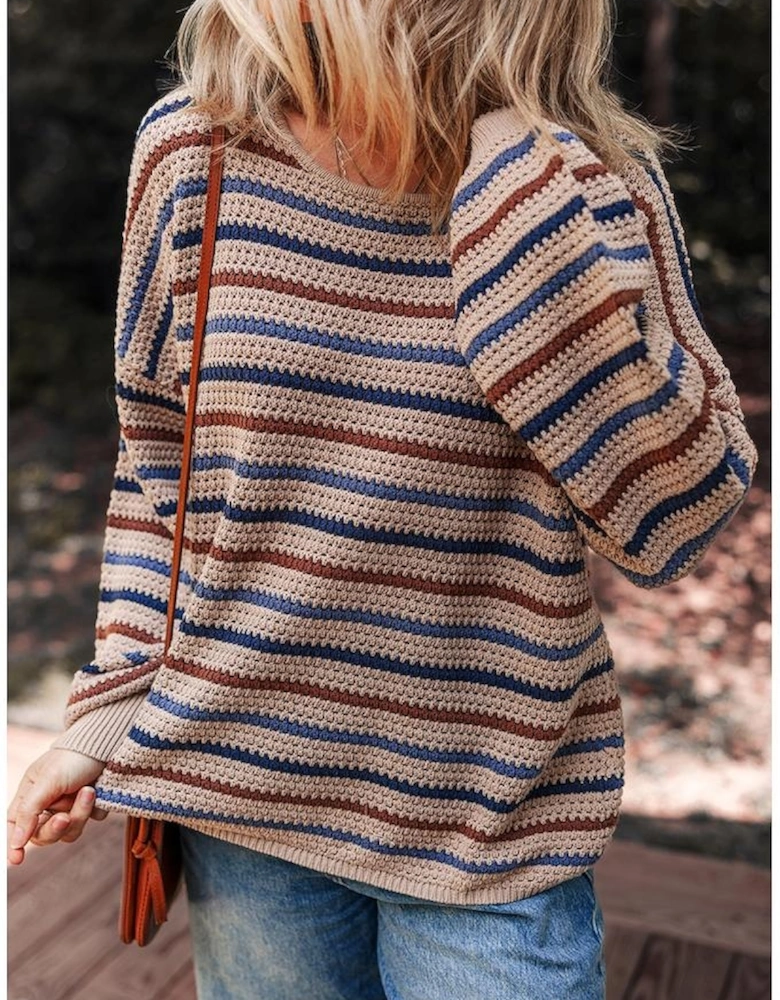 Multicolour Striped Knitted Drop Shoulder Round Neck Sweater