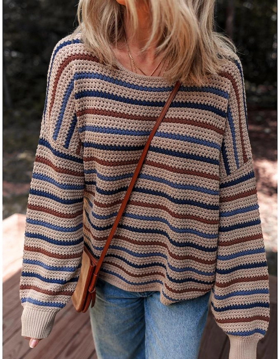 Multicolour Striped Knitted Drop Shoulder Round Neck Sweater