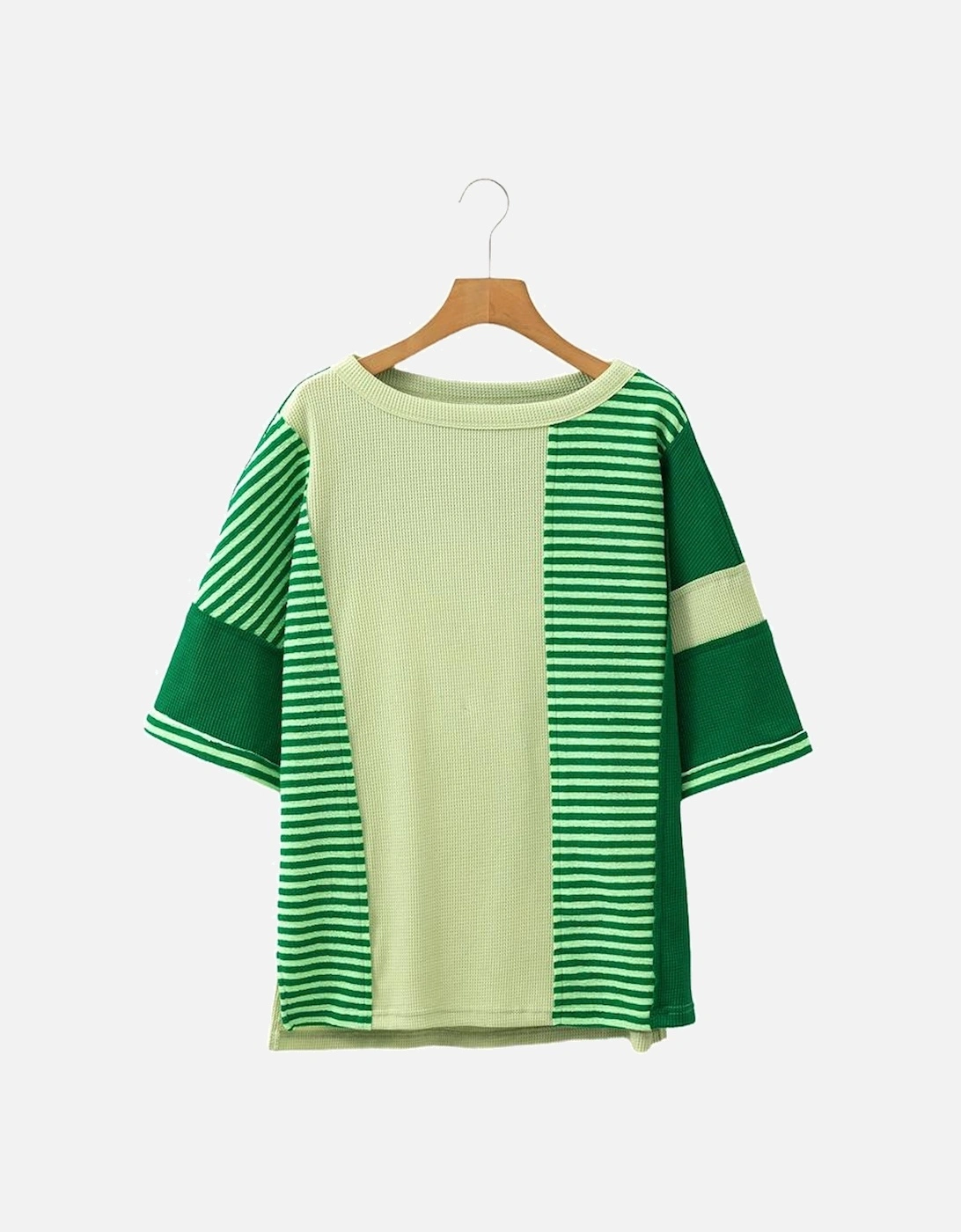 Mint Green Striped Patchwork Textured Colorblock 3/4 Sleeve Knit Top