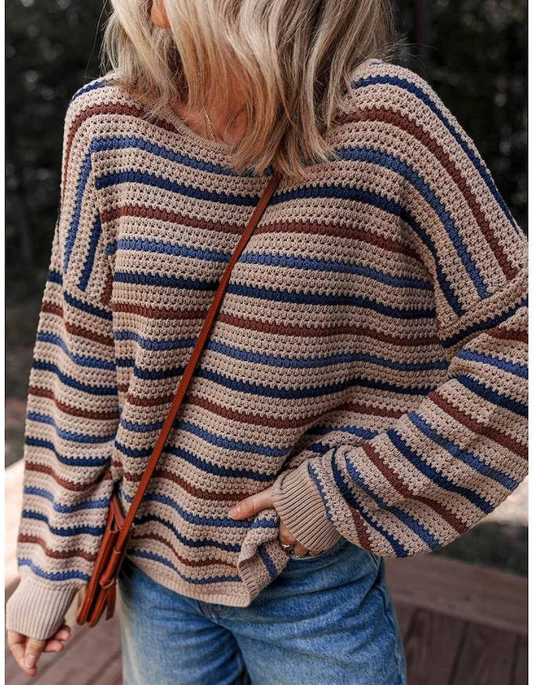 Multicolour Striped Knitted Drop Shoulder Round Neck Sweater