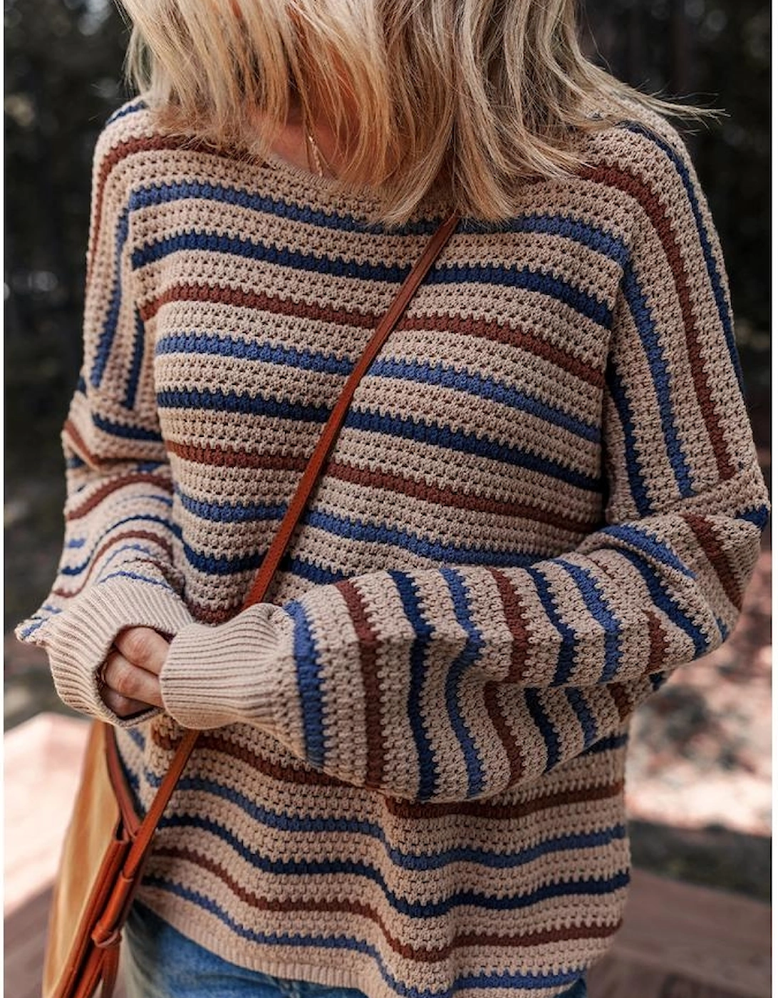 Multicolour Striped Knitted Drop Shoulder Round Neck Sweater