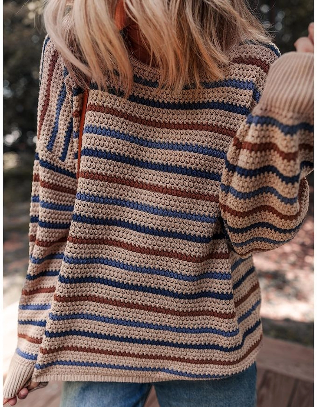 Multicolour Striped Knitted Drop Shoulder Round Neck Sweater