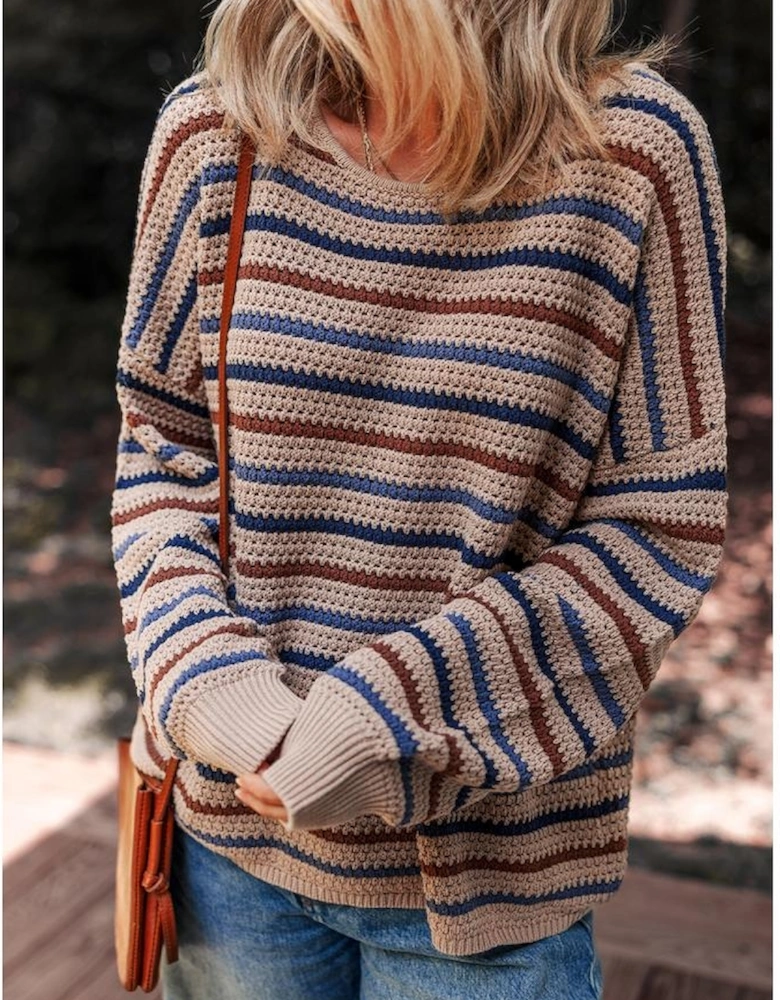 Multicolour Striped Knitted Drop Shoulder Round Neck Sweater