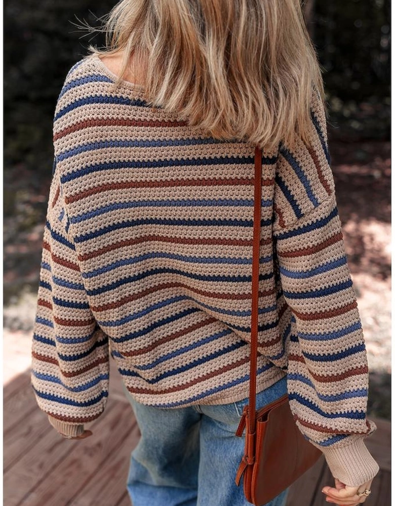 Multicolour Striped Knitted Drop Shoulder Round Neck Sweater