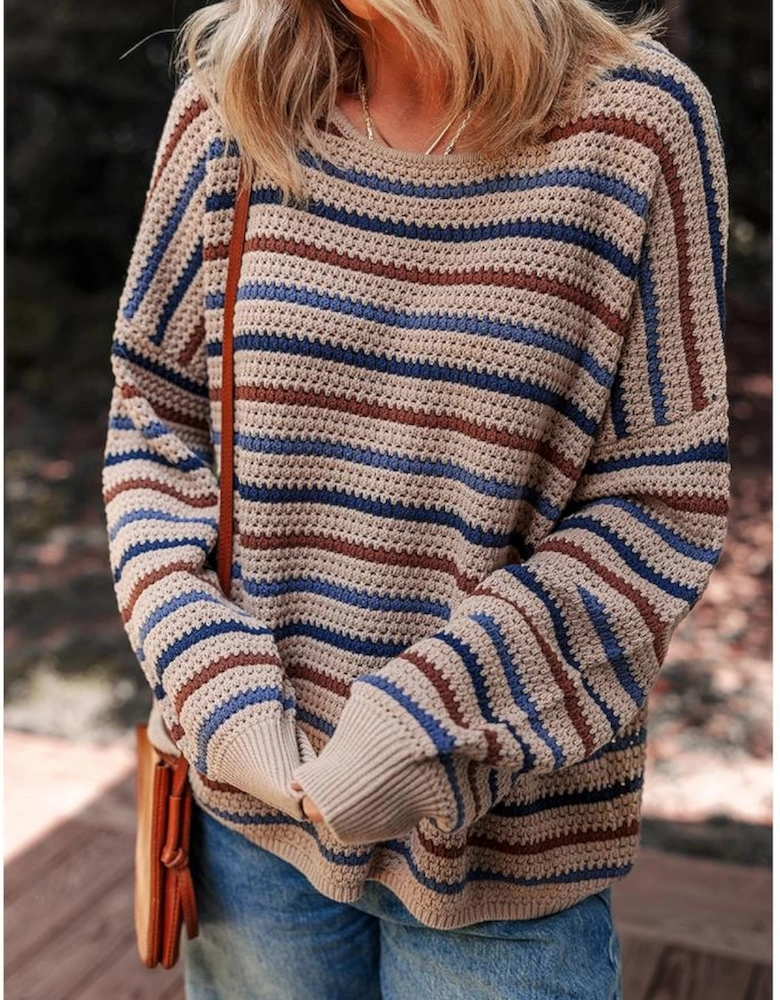 Multicolour Striped Knitted Drop Shoulder Round Neck Sweater