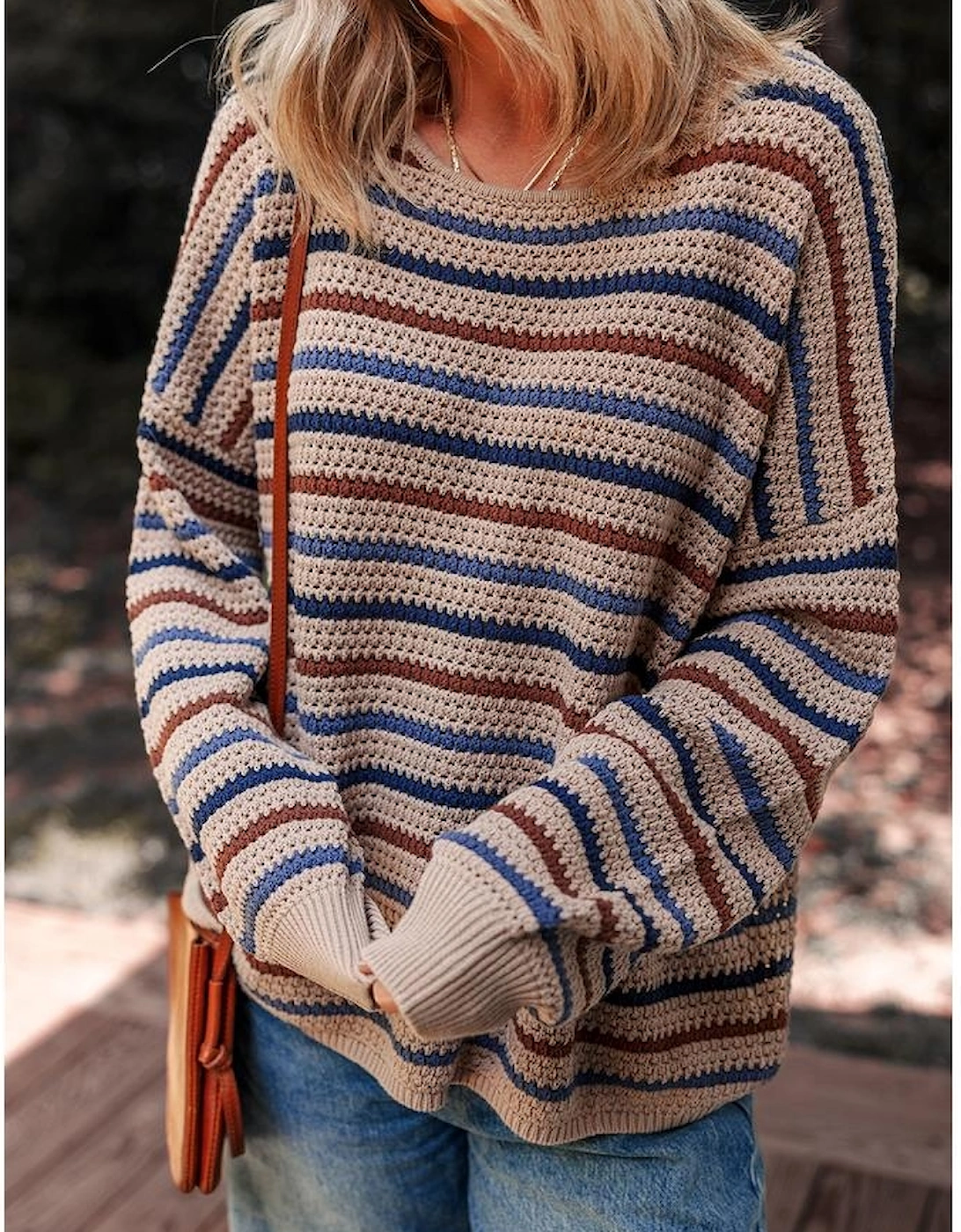 Multicolour Striped Knitted Drop Shoulder Round Neck Sweater