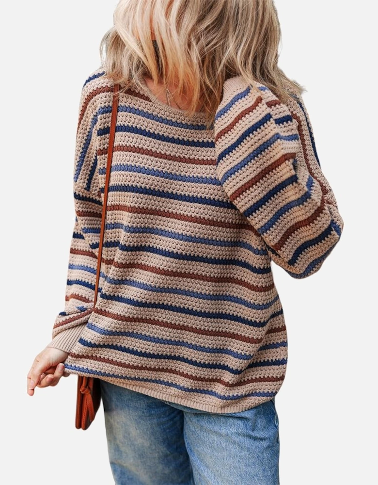 Multicolour Striped Knitted Drop Shoulder Round Neck Sweater