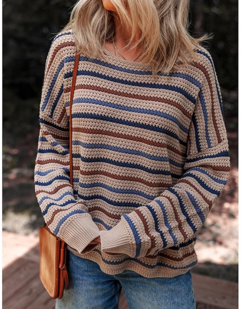 Multicolour Striped Knitted Drop Shoulder Round Neck Sweater
