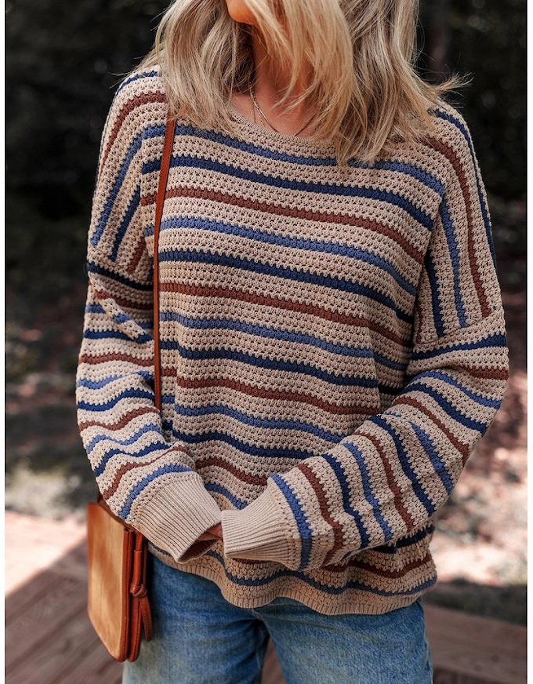 Multicolour Striped Knitted Drop Shoulder Round Neck Sweater