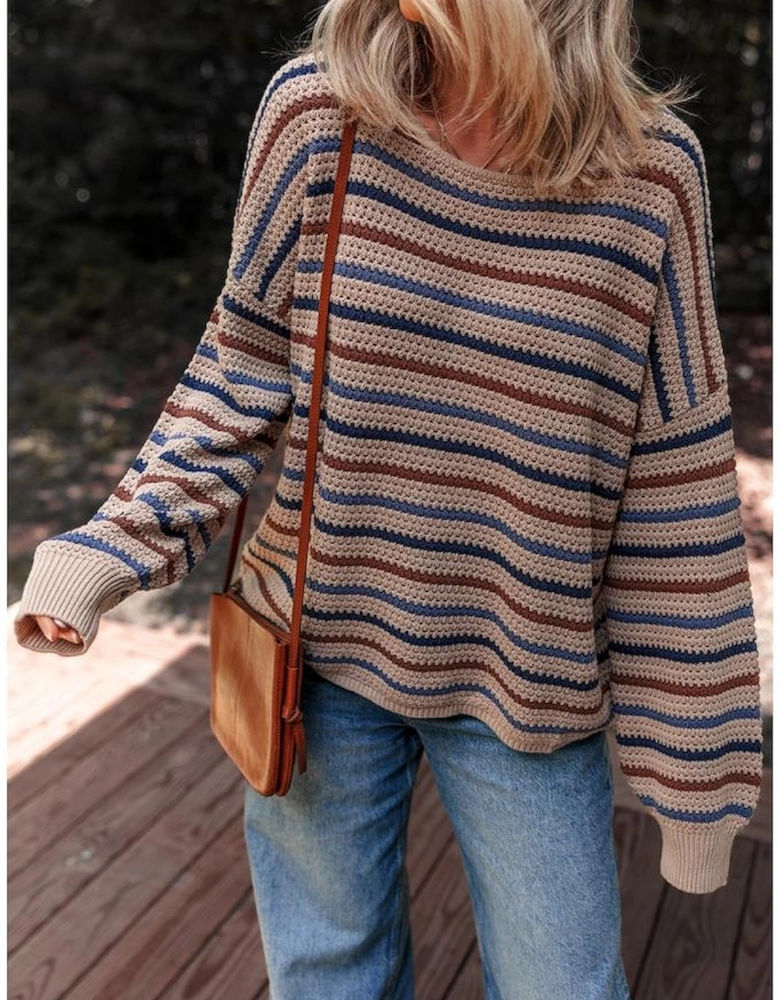 Multicolour Striped Knitted Drop Shoulder Round Neck Sweater