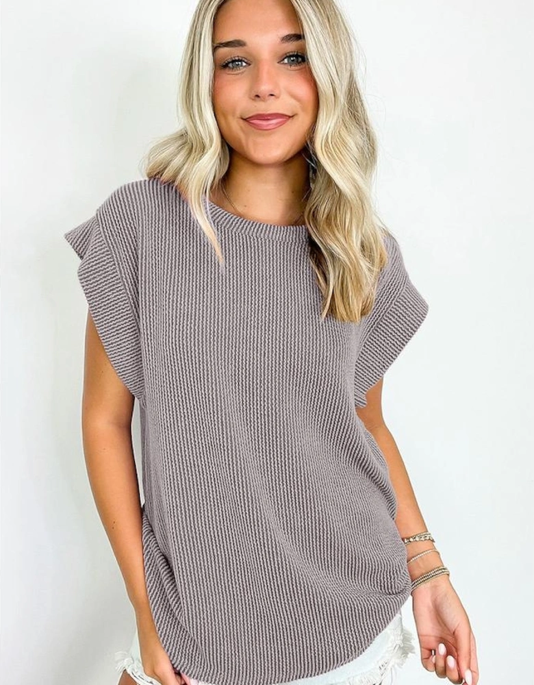 Gray Twisted Rib Wide Sleeve Crew Neck T Shirt