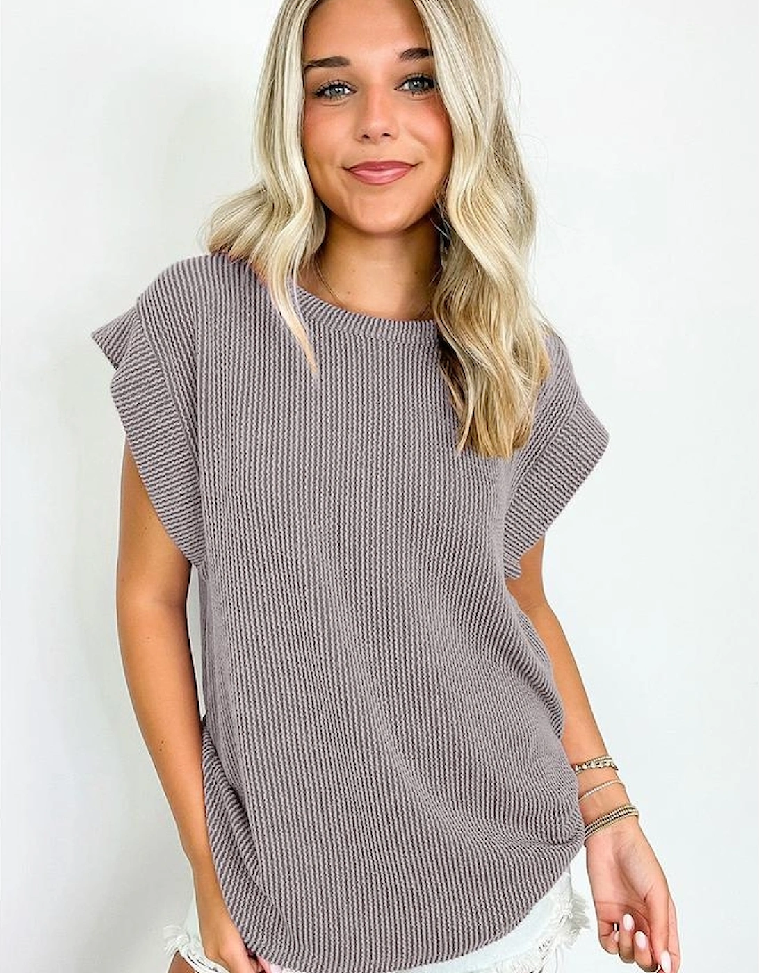 Gray Twisted Rib Wide Sleeve Crew Neck T Shirt