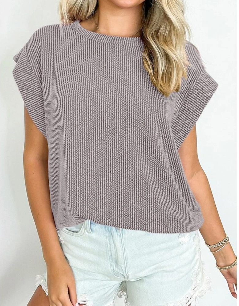 Gray Twisted Rib Wide Sleeve Crew Neck T Shirt