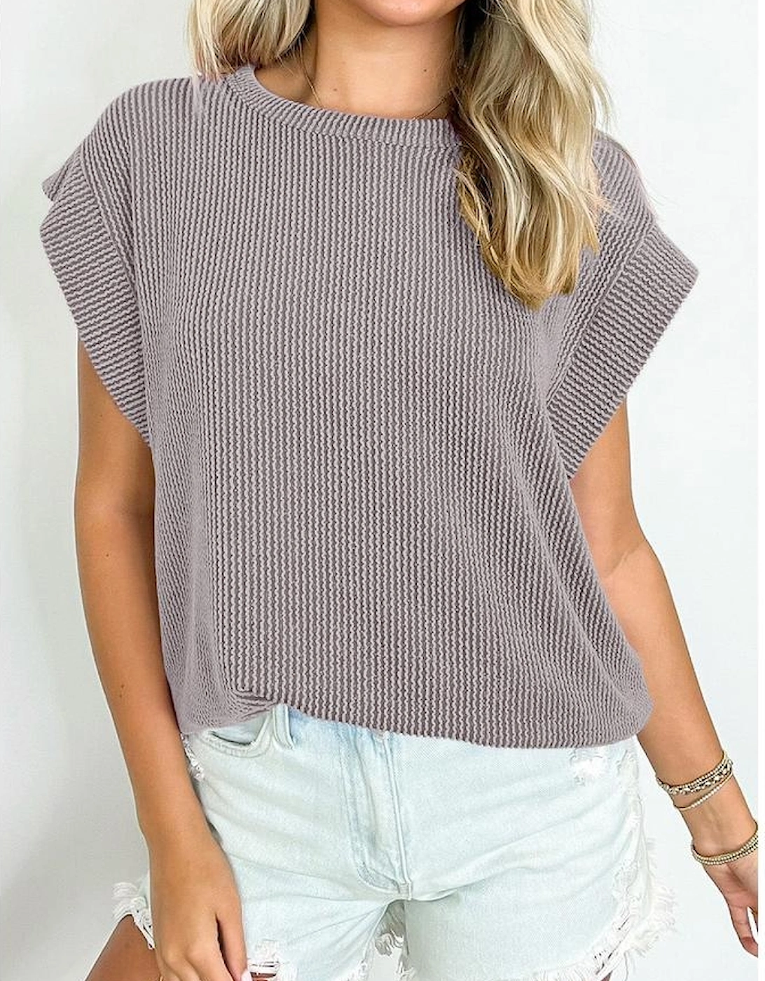 Gray Twisted Rib Wide Sleeve Crew Neck T Shirt